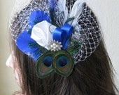 ROYAL CAPRICE -- Bridal Wedding Peacock Feather Fascinator Headpiece Hair Clip w/ Russian Birdcage Veiling, Customize in Your Wedding Colors