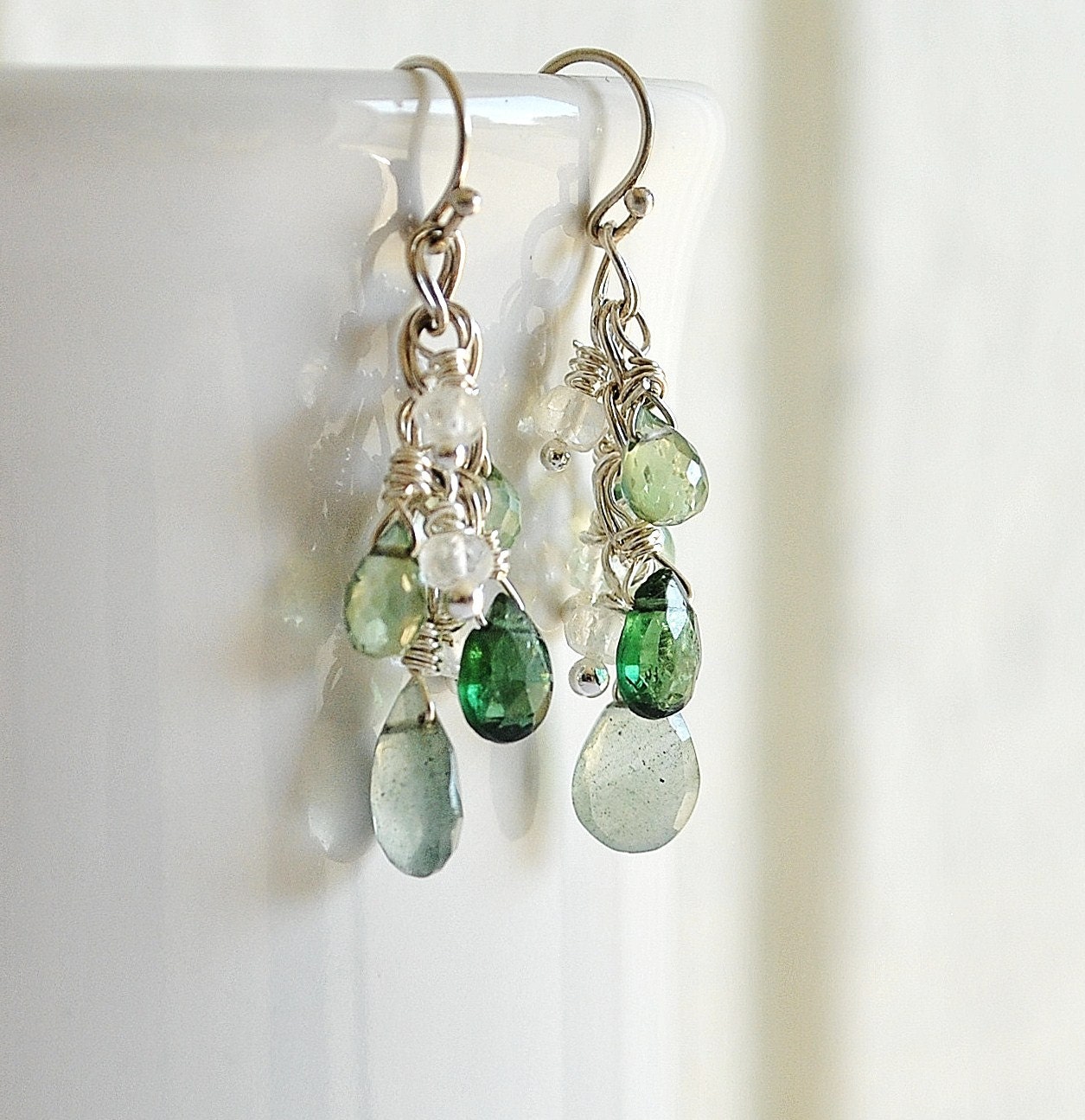 Green Gemstone Cluster Earrings, Ombre Jewelry, Sterling Silver
