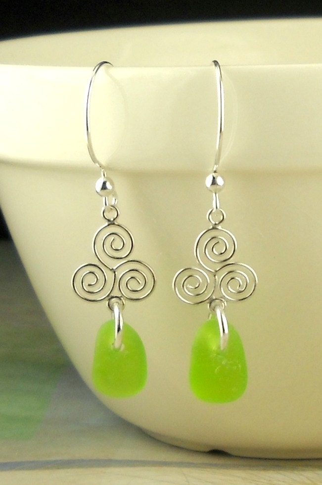 Eco Friendly GENUINE Lime Green Sea Glass Earrings Celtic Spirals