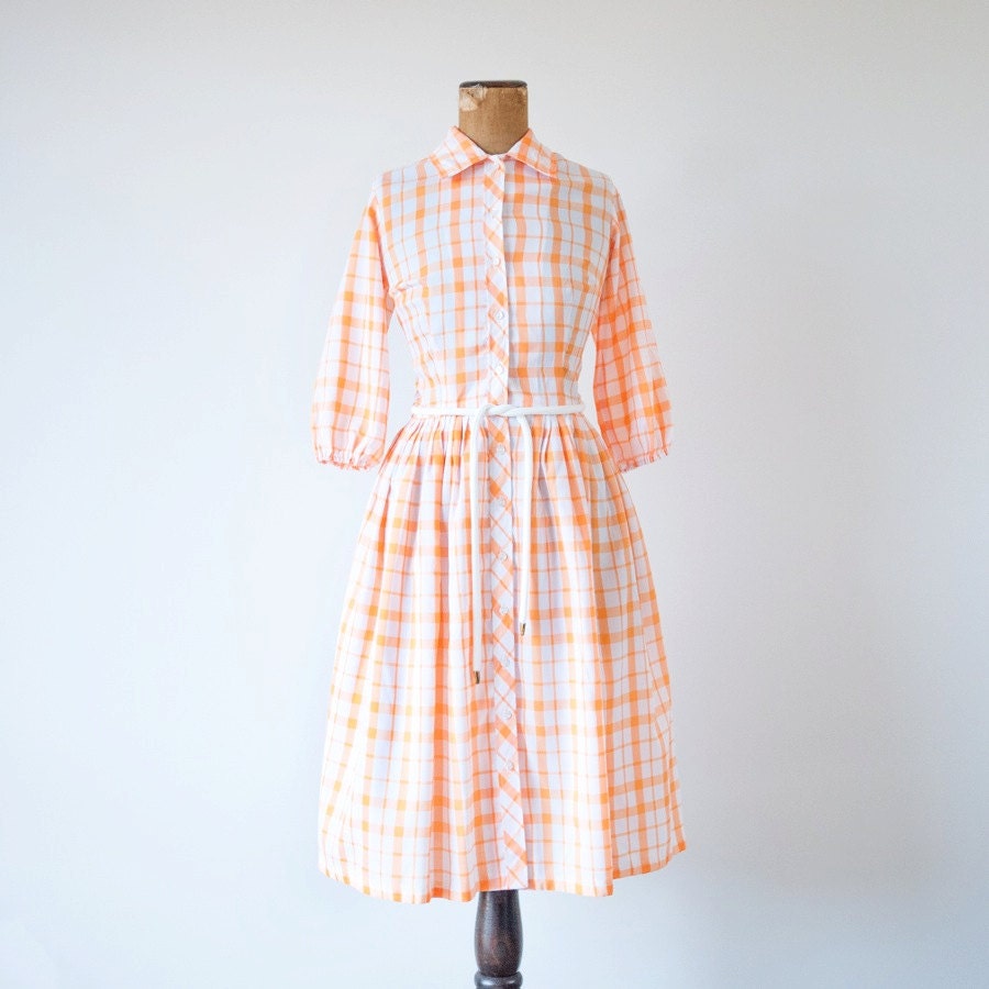 Vintage 1960s dress / orange plaid / 60s full skirt shirtwaist dress Country Miss / S