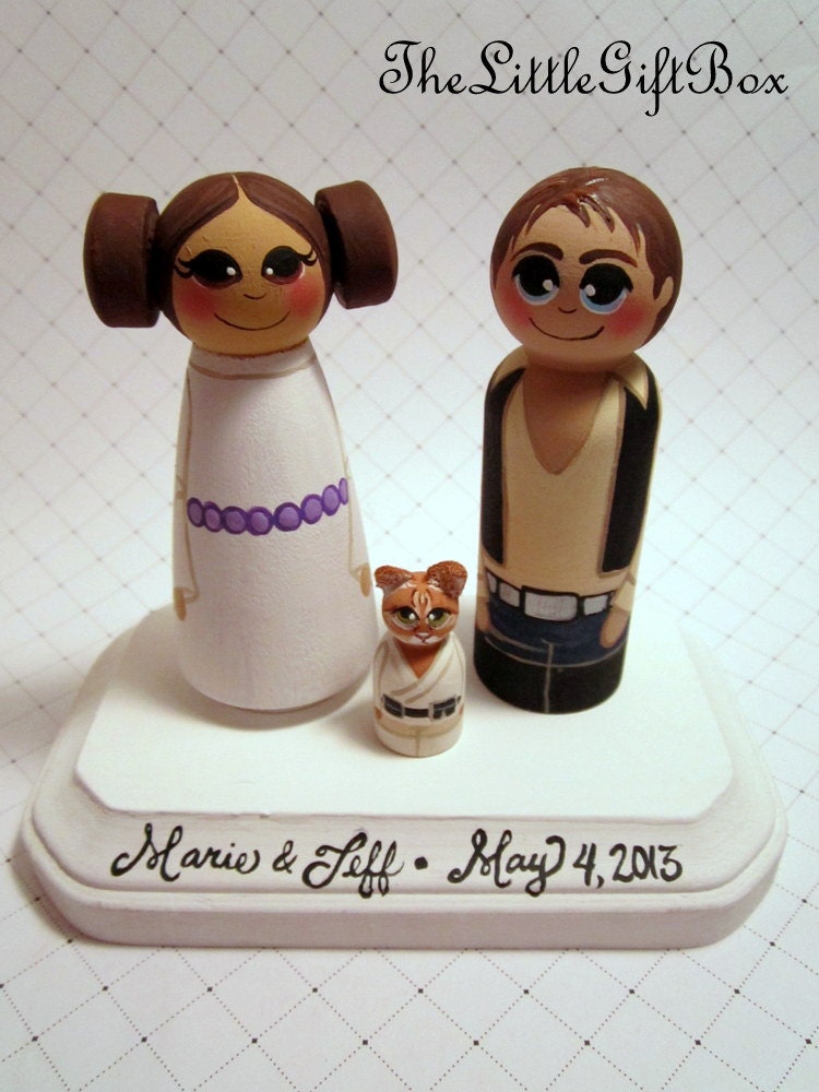 Wedding Cake Topper / Custom Painted Wood Peg Dolls / Couple Plus One Pet and Plaque