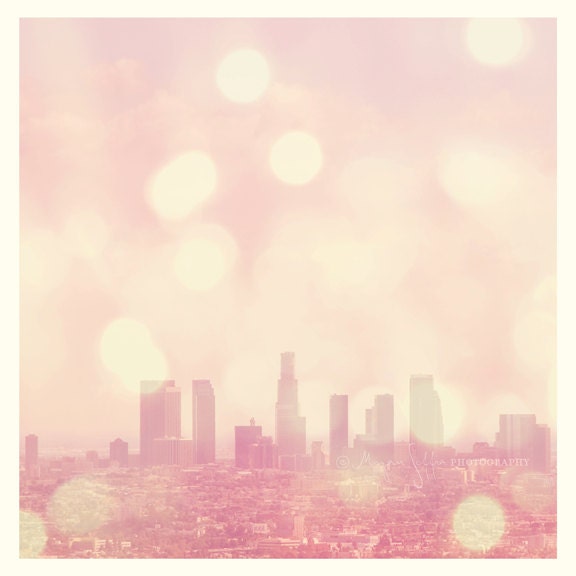 Los Angeles skyline photography, City of Dreamers, as seen on Modern Family, dreamy pink downtown LA cityscape summer travel, girls room art