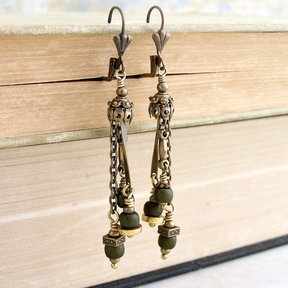 Pirate Dangle Earrings  - Antique Brass with oversized matte green seed beads - Pirate Jewelry
