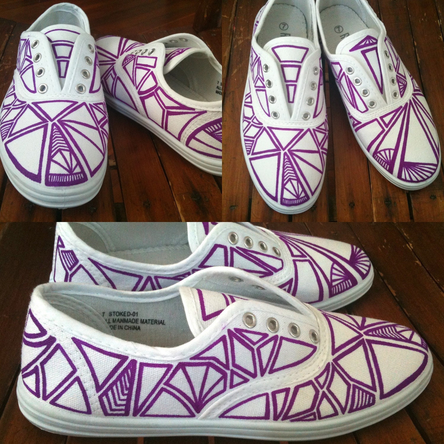 Women's Shoes - Hand-painted Laced Canvas Flats - Geometric Wearable Art in Neon Colors - Custom Painted Shoes
