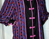 1980's era Bob Mackie polkadots in geometric pattern with stripes long sleeved silk blouse w/ asian influences - women's sz M/L