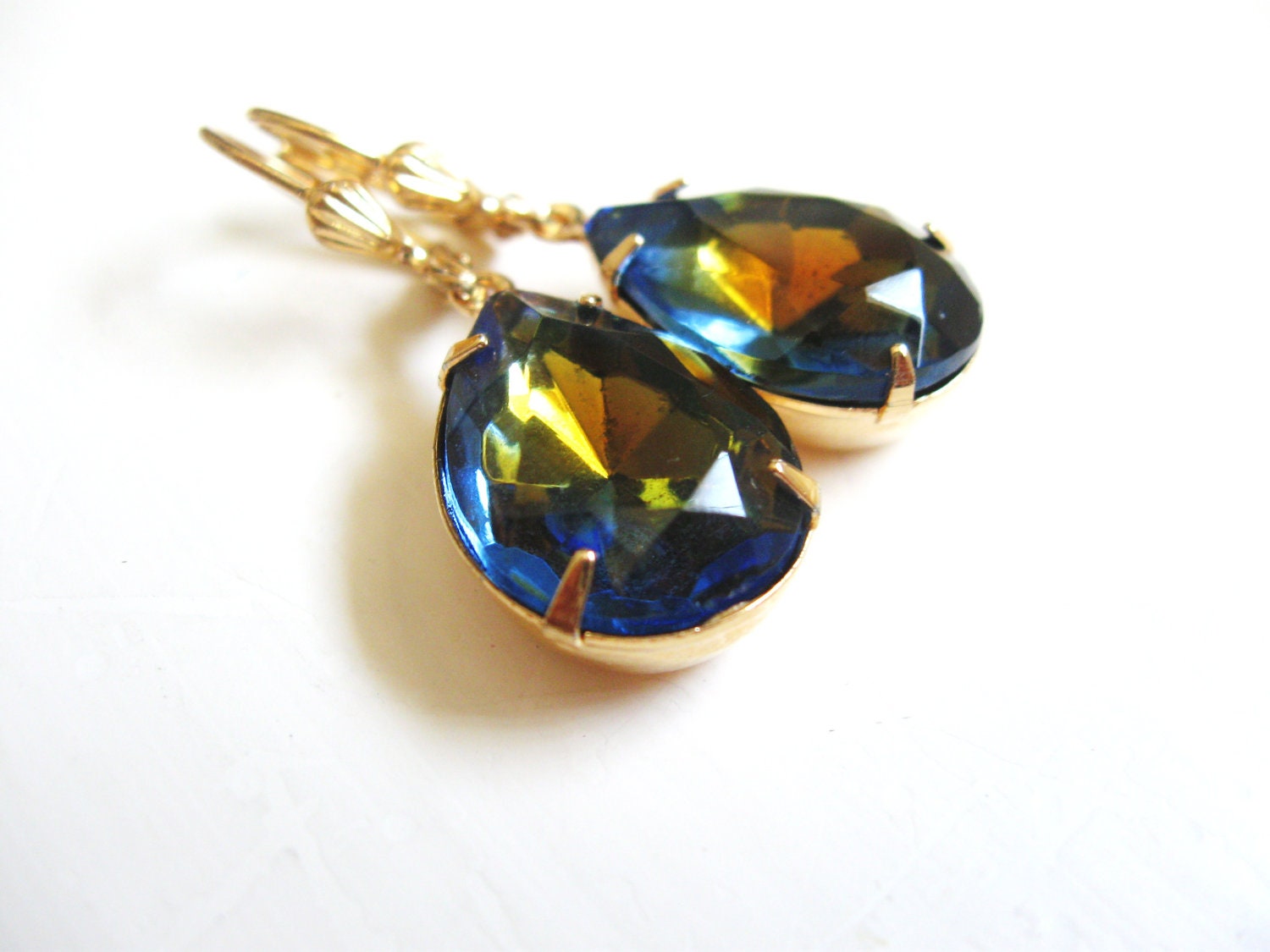 Sapphire Topaz Earrings in Gold - Estate Style - Hollywood Regency - Glam - Vintage Style Rhinestones