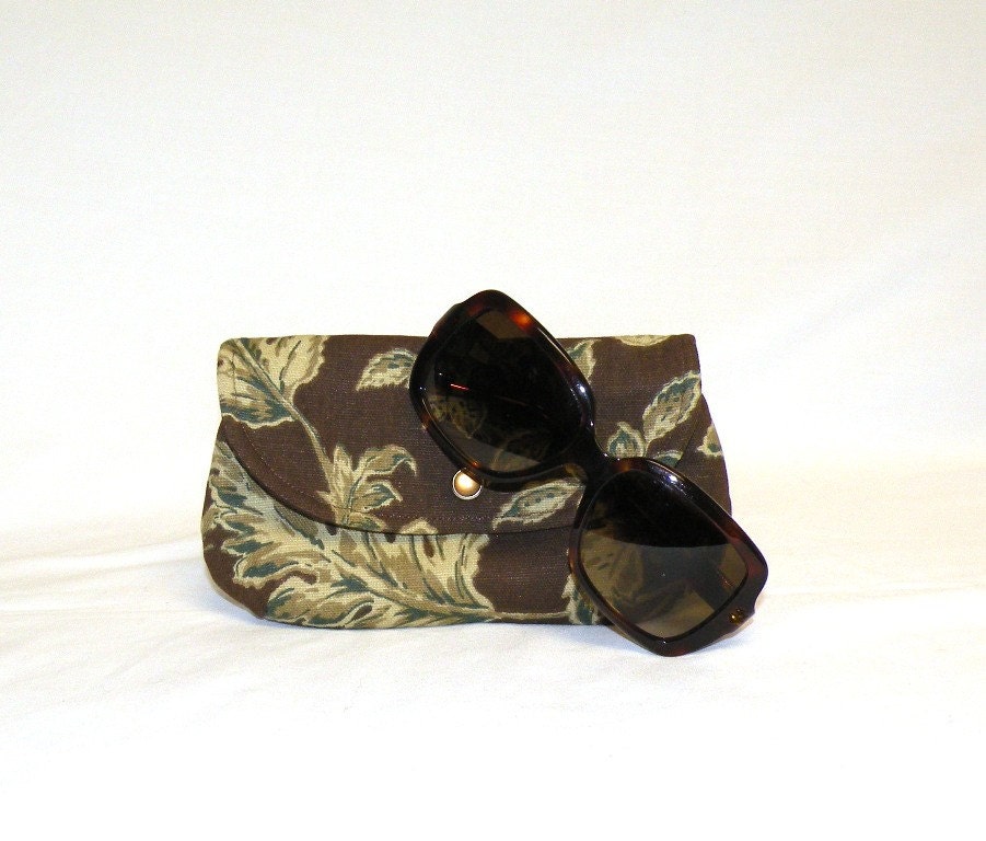 NEW  Eyeglass Case in a botanical floral print of beige, cream and teal/jade on brown background