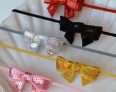 Little Sequin Bow Skinny Headband- Choose Red, Black, Silver, Gold, or Pink
