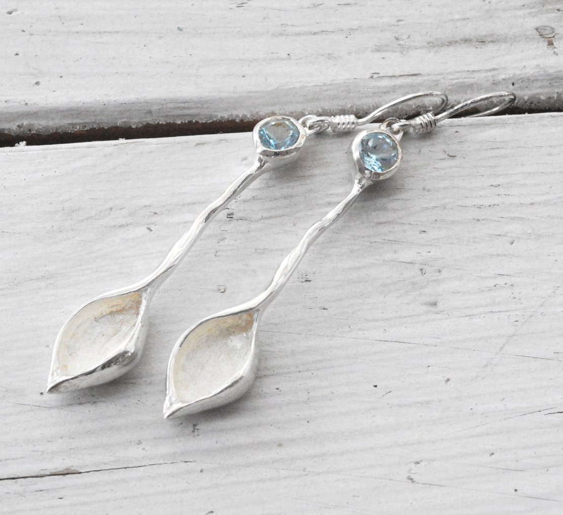 Sky Blue Topaz Earrings, Sterling Silver Leaf Shape Earrings,  Bridal Jewelry, December Birthstone, Aqua Blue Topaz Jewelry, Springtime 2013