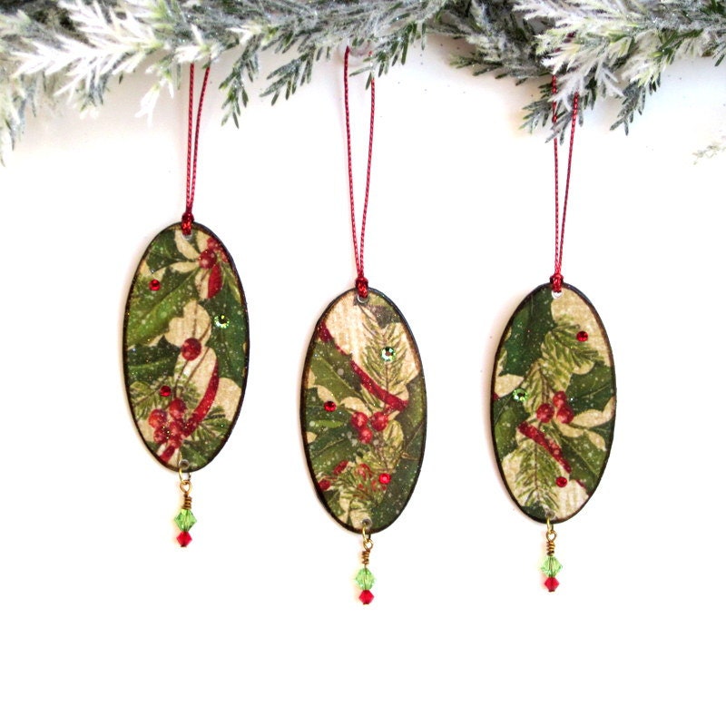 Holly Christmas Ornaments Set of Three Small Oval Decoupaged Ornaments Red and Green Holly Ornaments Christmas Decoration Holiday Decor