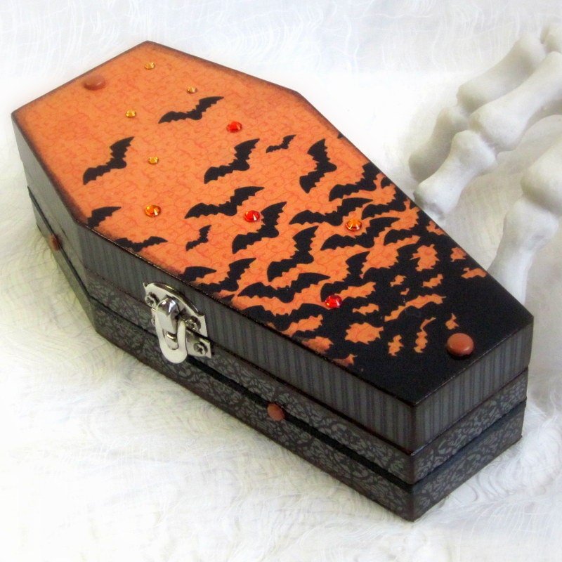 Coffin Box Decoupaged Halloween Coffin Box Goth Gothic Black Orange Bats Decoration Decorated Coffin Swarovski Crystal Halloween Decor