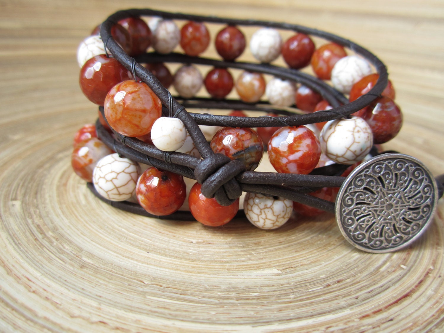 Leather wrap bracelet, triple wrap, orange fire agate beads, OOAK
