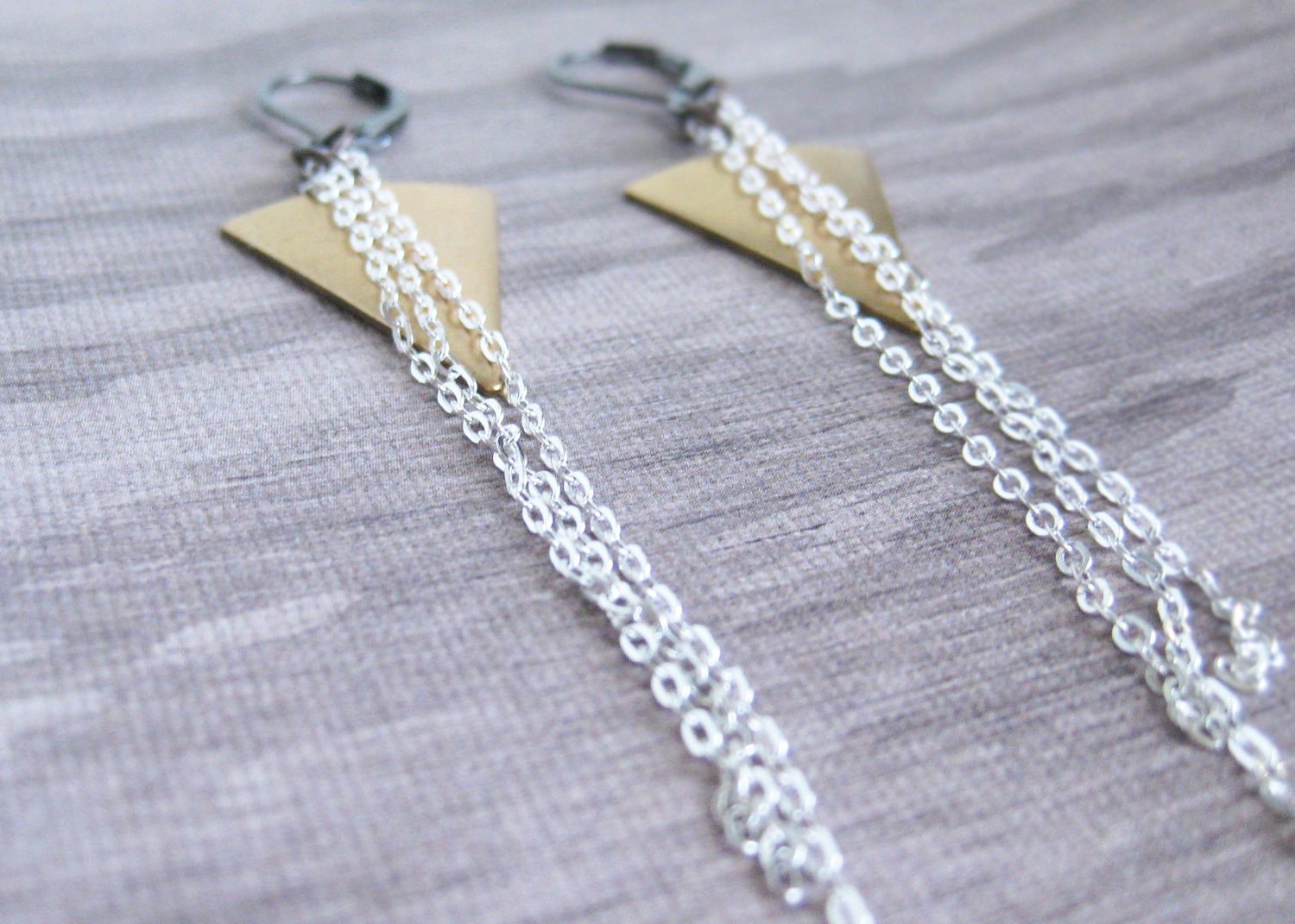 Chevron Earrings. Brass Arrowhead. Tri-metal jewelry. Brass, Silver and Copper earrings. Triangle Jewelry. Geometric. Rock & Roll