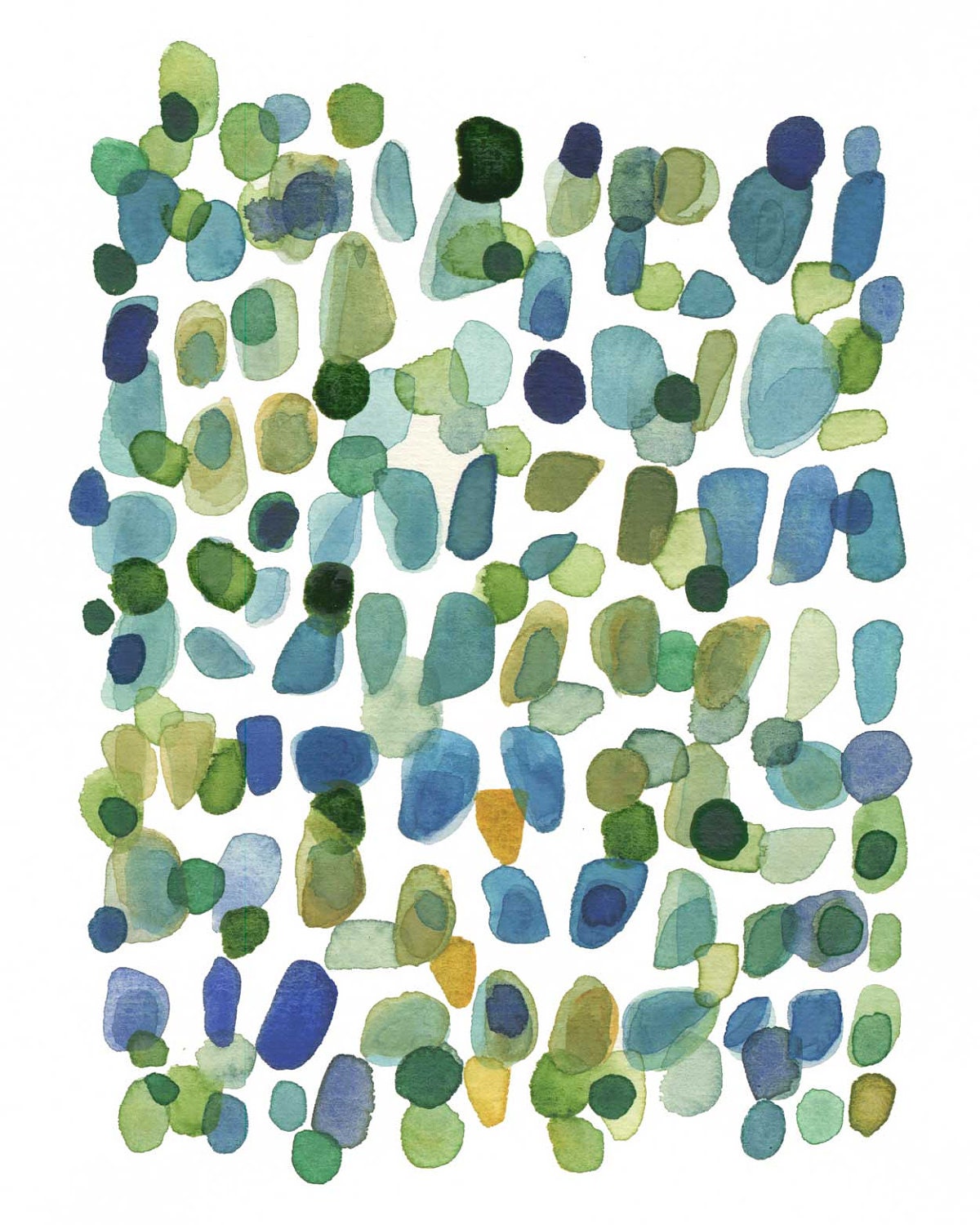 Rainy Days Abstract painting Watercolor painting blue ultramarine emerald green dots original painting