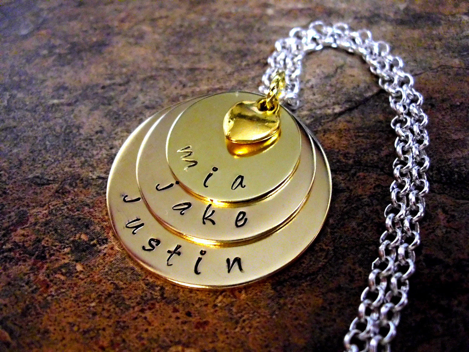 Personalized Jewelry, Mommy Necklace, Personalized Necklace, Hand Stamped Jewelry, 3 Golden Discs