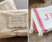 Set of 2 - Monogrammed French Red Stripe Kitchen Towel with Personalized Hand Stitched Initials - RED