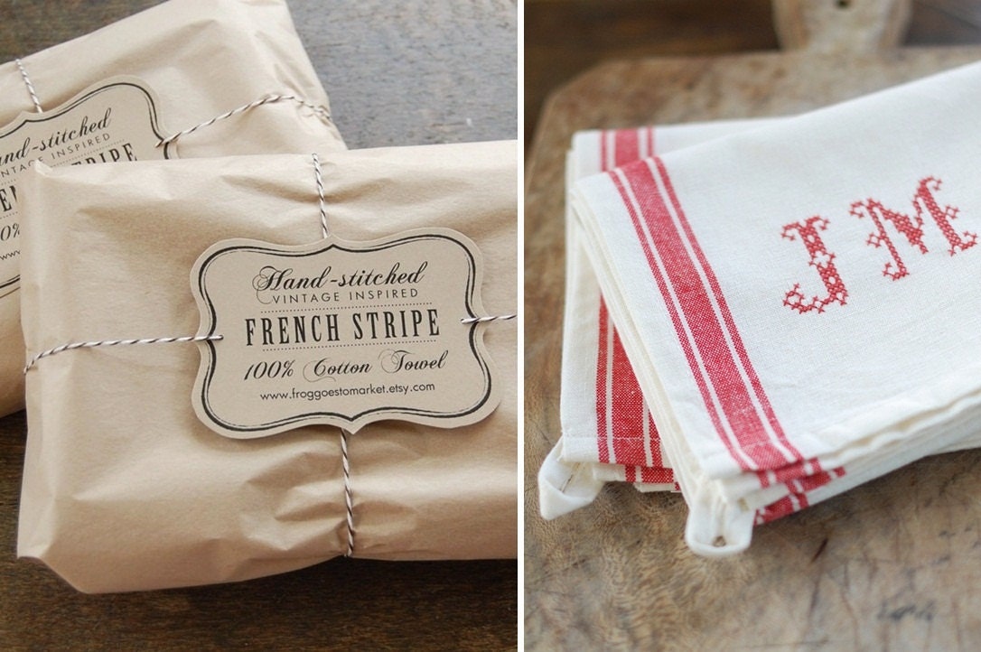 Set of 2 - Monogrammed French Red Stripe Kitchen Towel with Personalized Hand Stitched Initials - RED