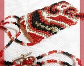Red Amulet Necklace Beaded with Swirling Silver, White, and Black Shade - Small Purse Necklace