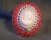 Cute Vintage 60's Neon Pink Molded Plastic Cameo Brooch / Pin - Handmade Original