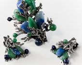 Vintage Swoboda Brooch and Earring Set - Lapis, Jade and Sodalite
