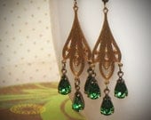 Emerald Green Rhinestone Earrings, Teal, Tourmaline, Art Nouveau, Chandelier, Boho
