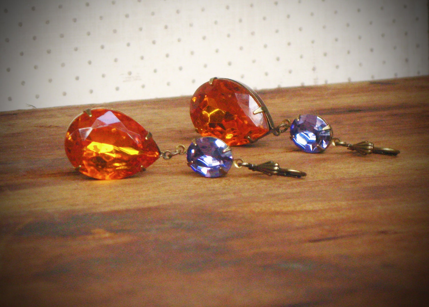 Golden Amber and Tanzanite Purple Vintage Rhinestone Earrings, Pear, Statement