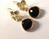 Gold and black drop glass dangle earrings Wedding jewelry 3 leaves earrings girl,  Bridesmaid gift,  earrings leaf / Graduation gift