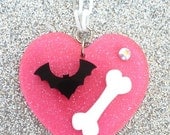 Hot Pink Glitter Acrylic Heart Pendant Bone and Bat Necklace