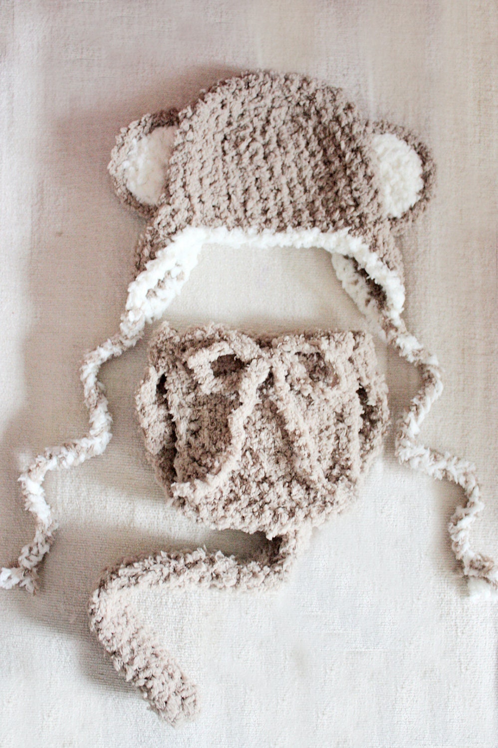 SALE 6 to 12m Monkey Baby Hat Diaper Cover Set Crochet Baby Monkey Hat - Earflap Baby Monkey Hat Set Photo Prop Brown Hat