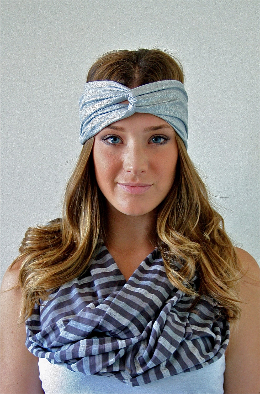 silver turban, gray headband, gray head wrap, metallic grey, silver, jersey knit headband, urban turban, headwrap, gym