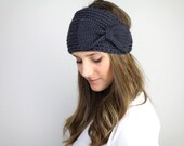 black or white knitted headband with large bow, ear warmer, head muff, black knit, earmuff, white knit headband
