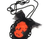 Black and Orange Halloween Skeleton Necklace with Organza Bow