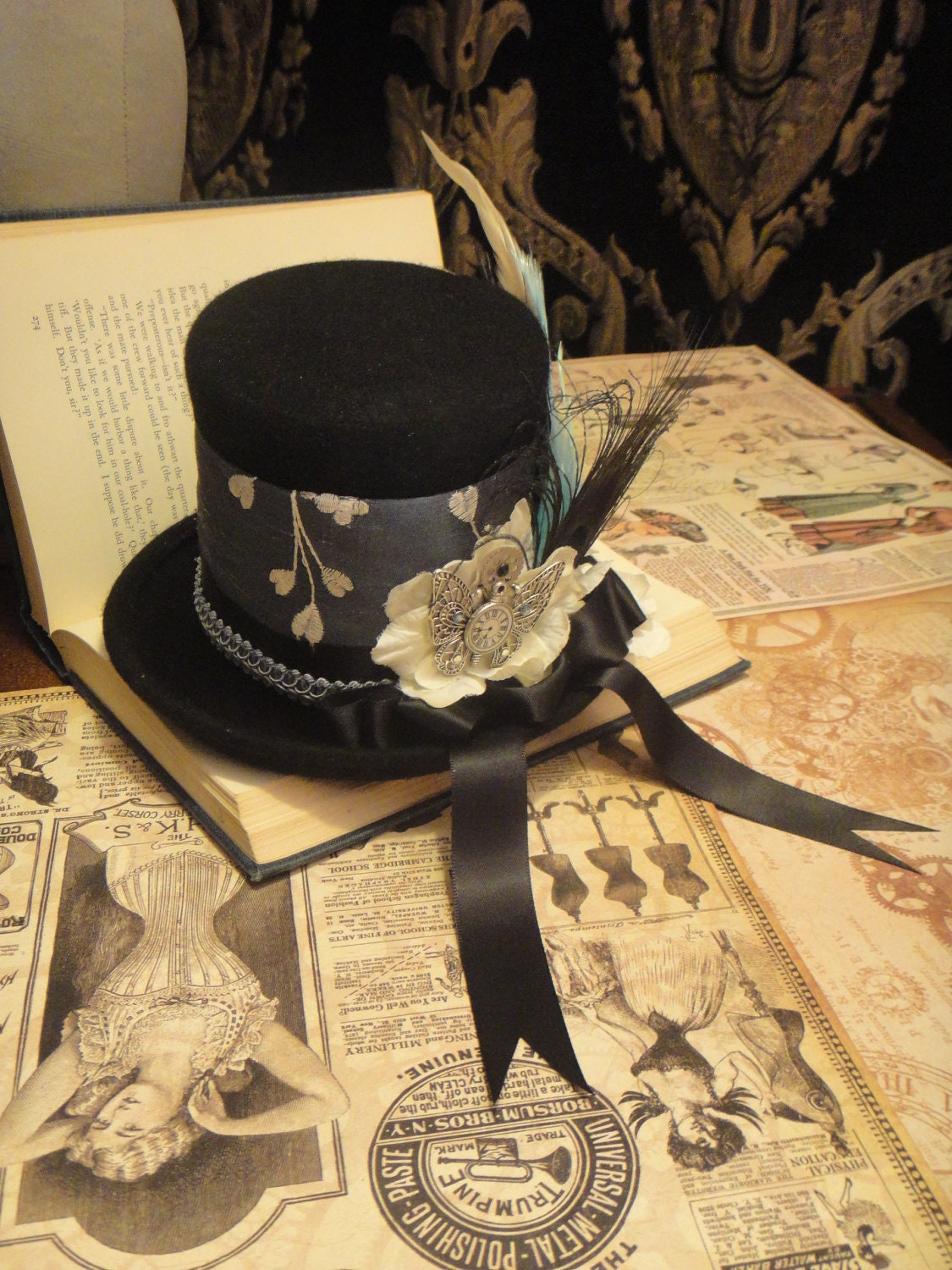 SALE Sakura-punk  Silk Steampunk Wool Mini Top Hat Blue Ivory Black peacock Feather Clock Butterfly Bridal Goth Wedding Hat Hair Fascinator