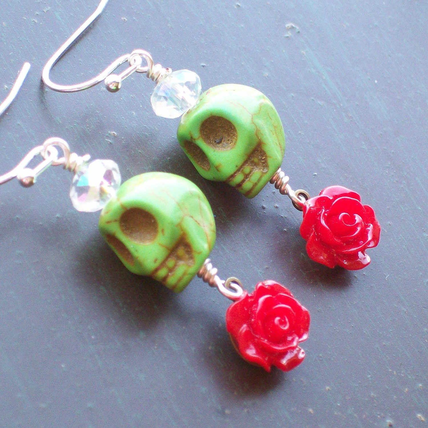 Pinup Zombie Sugar Skull and Rose Earrings