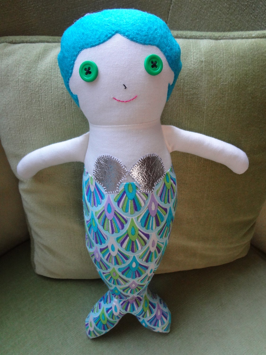 Handmade MERMAID Rag Doll - blue hair, silver shells, green eyes, blue green silver tail - Ready to Ship Same Day