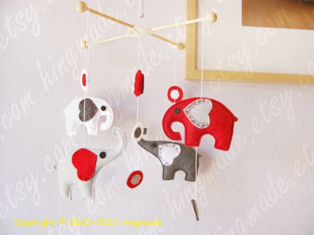 Elephants Baby Mobile - Nursery Mobile - Modern Hanging Mobile - Polka Dot Grey Red White Elephants with modern circles theme(U pick colors)