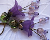 Purple Bellflower Earrings with Antique Brass Leaf Caps