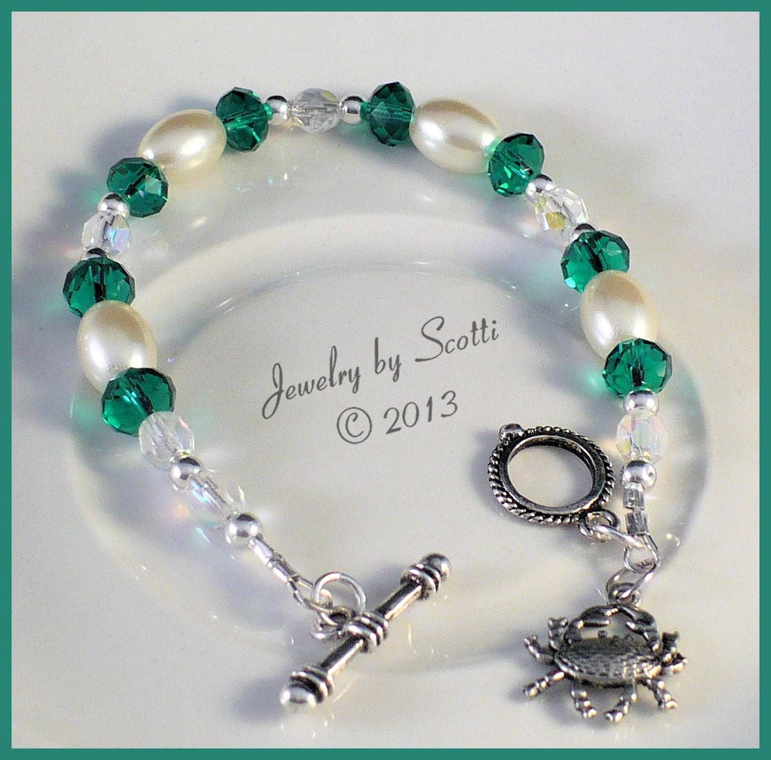 Crab Charm Green White Crystal Cancer Bracelet