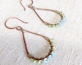 Aquamarine and Peridot Hammered Copper, Geometric Earrings