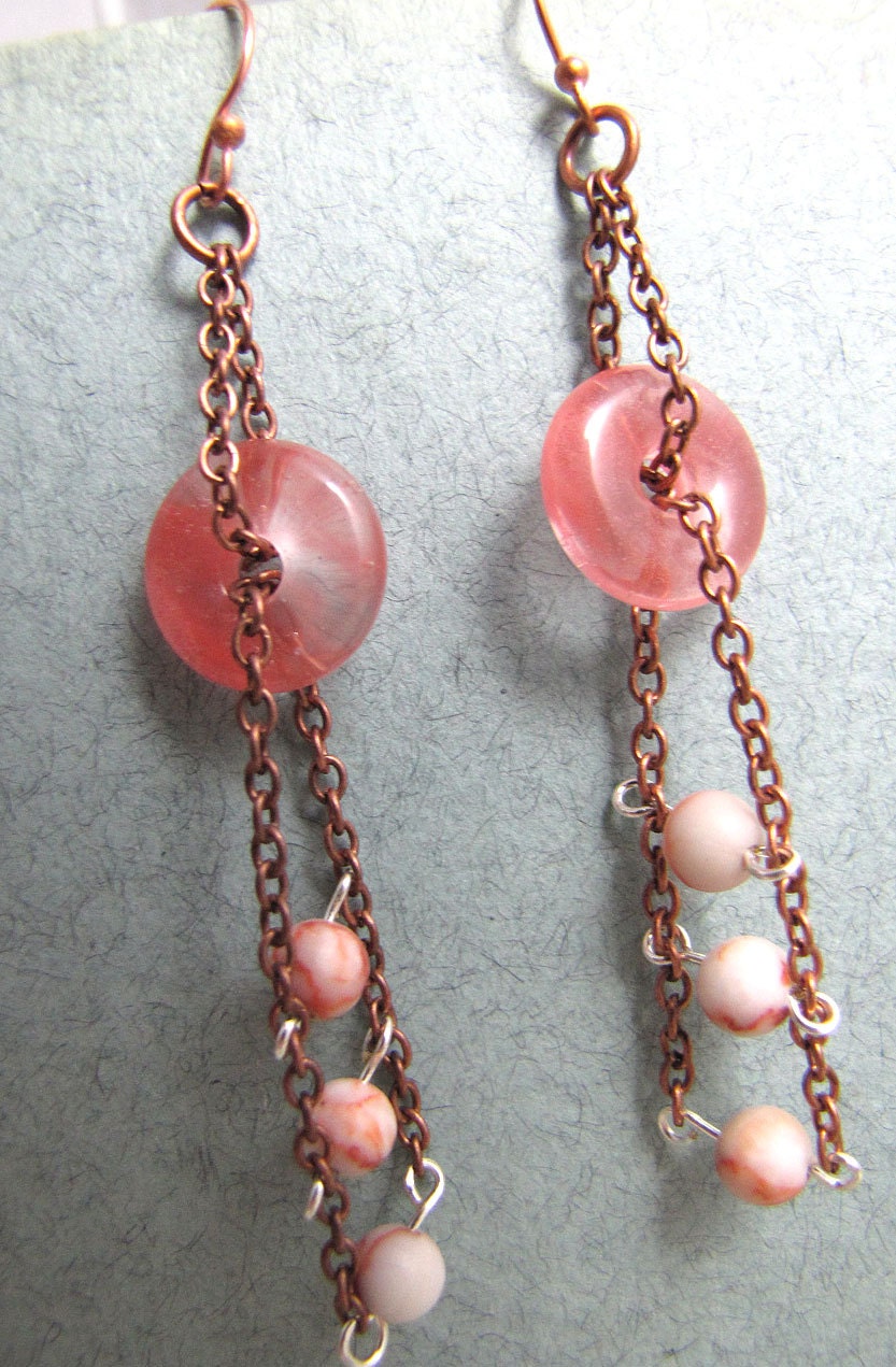 Riverwheel earrings: redline marble, glass, copper chain (free US shipping)
