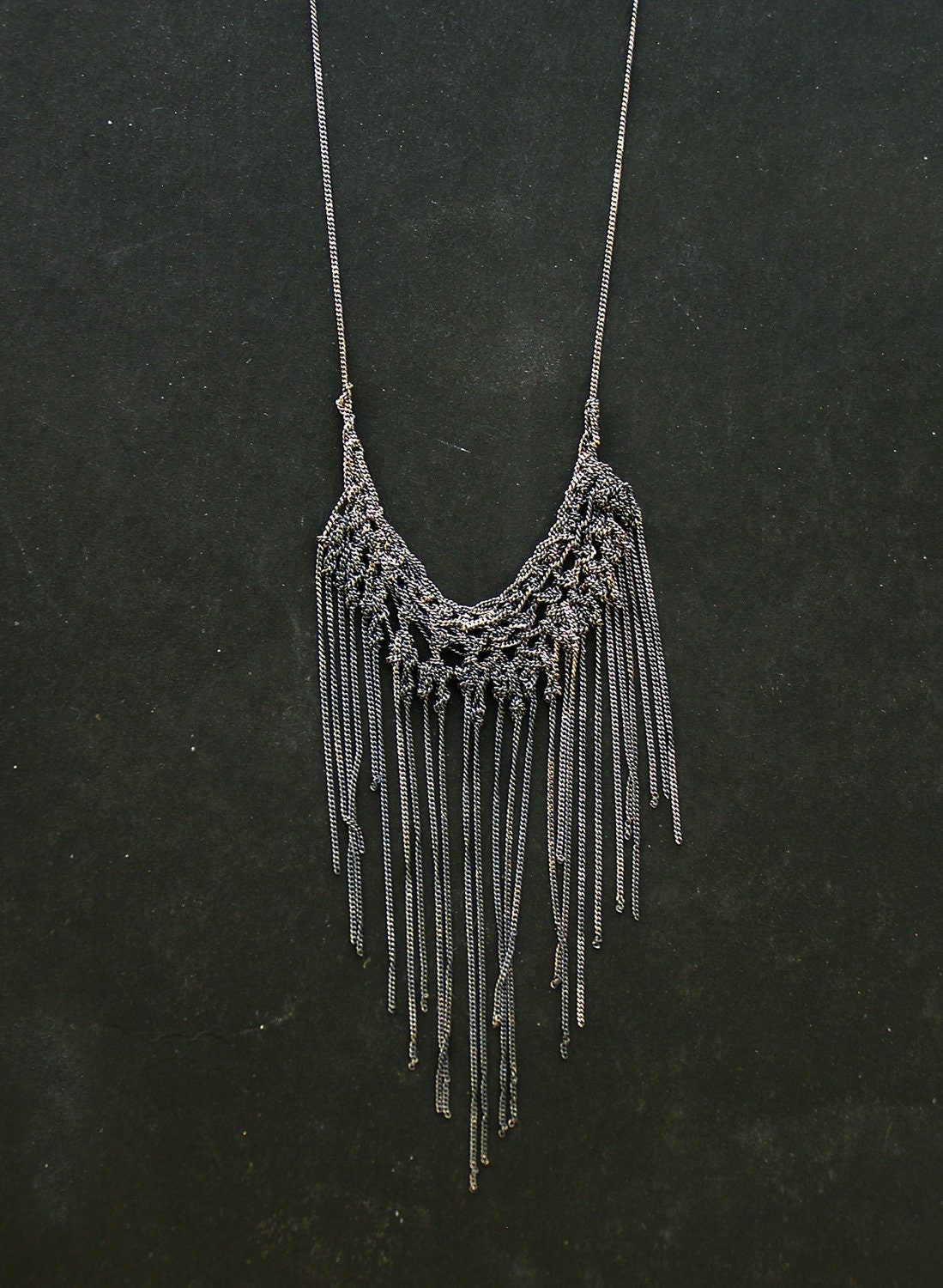 Fringe sketched oxidized silver crochet necklace