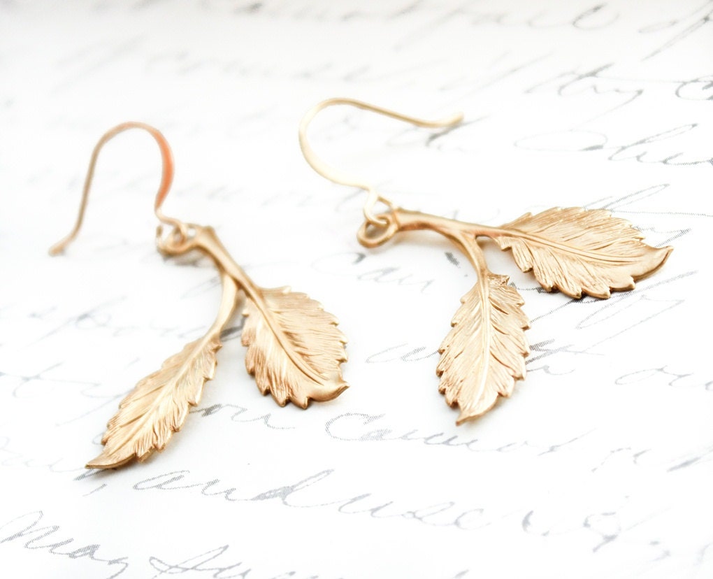 Gold Leaf Earrings Raw Brass Drop Woodland Jewellery Nature Inspired Accessories Modern Spring Tree Branch Dangle Earrings Golden Leaves