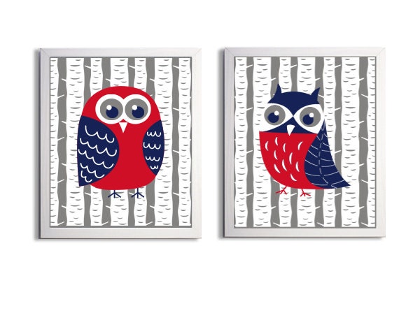 Nursery Owls Boy Kids Wall Art Girl Woodland Forest  Birds Tree Land of Nod set of 2 each 11x14