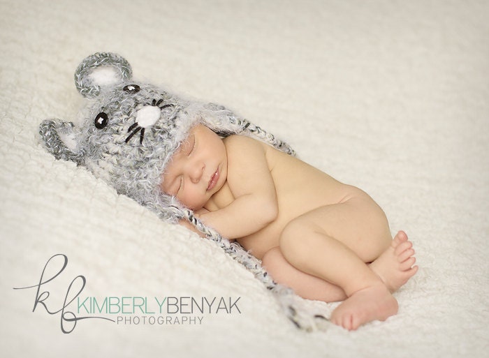 Fuzzy Little Gray Mouse Beanie Hat Newborn Baby Crocheted Unique Photo Prop