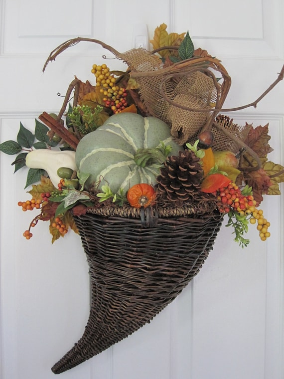 HORN OF PLENTY- Pumpkins- Pinecones- Door Basket- Arrangement Wreath- Free Shipping