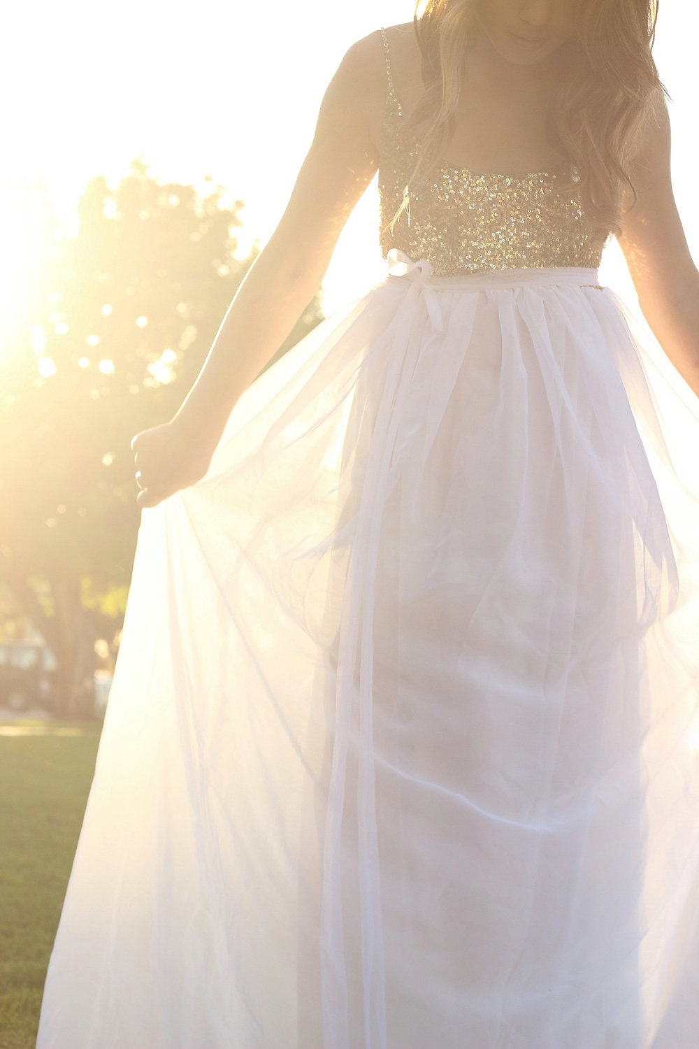 Wedding Dress Sequin Gold and White Chiffon with empire waist-Sample Genoa Gown-