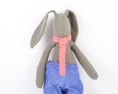 Stuffed bunny rabbit fabric hare , Child toy, , plush boy doll green / gray in Pink dotted tie and baby blue corduroy -eco  handmade doll