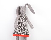 Plush Gray  rabbit made from knitted pure silk , wearing white dress with black dots texture  , timo- handmade fabric eco doll
