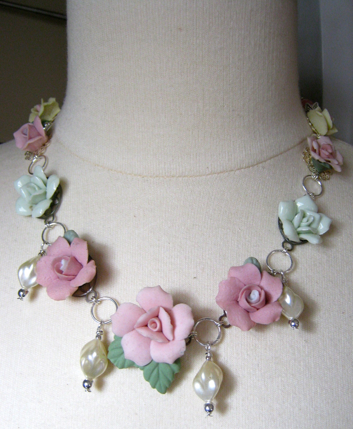 Statement Necklace, Vintage China Roses, Reclaimed Vintage, Blush, Pink, Rose, Green, Cream, Pearls, Flower Power - Rose Garden