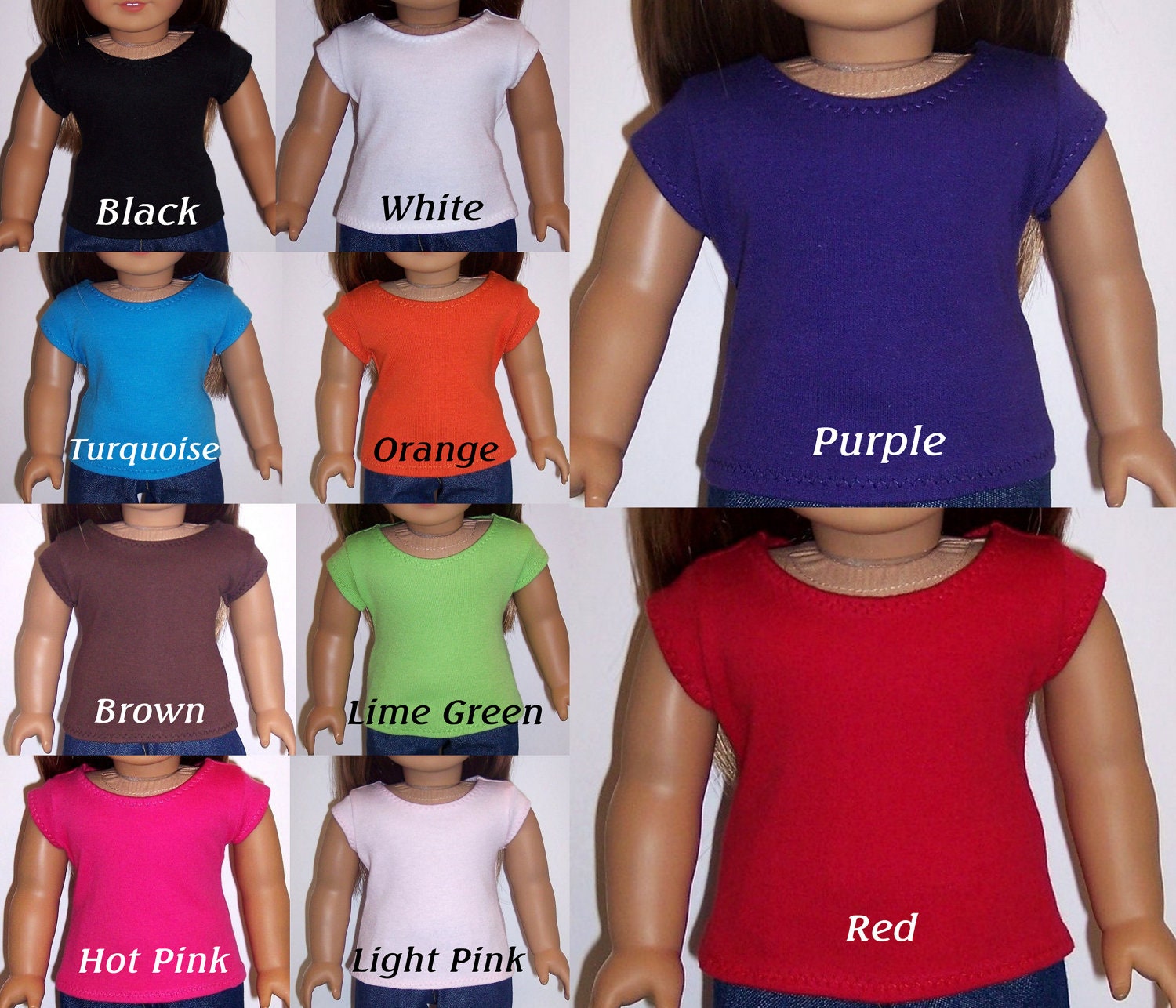 Short Sleeved T-Shirt for American Girl/18" Doll (Available in 16 Colors)